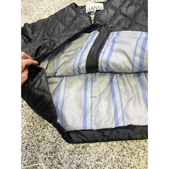 GANNI Black Quilted Ripstop Jacket Tie Waist Collarless Zip Up Womens Size L - Picture 7 of 13